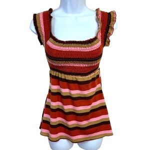 XS Y2k Era Vanity Striped Top Stretch Red Pink Ruffle 0 2 Vintage